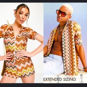 70s outfits, his & hers, matching couples themed costume, retro hippie romper